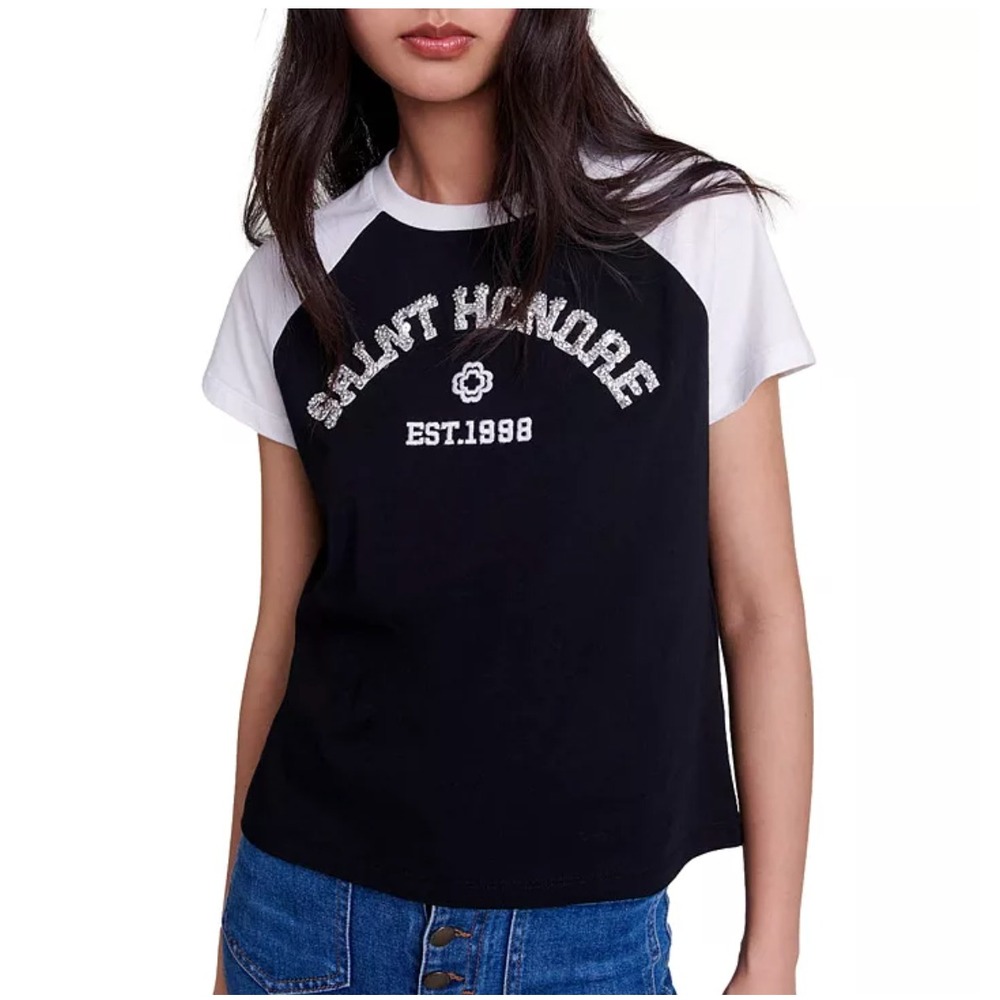 Maje Thonostrass Crystal Embellished‎ Tee Black & White Graphic Top, Medium